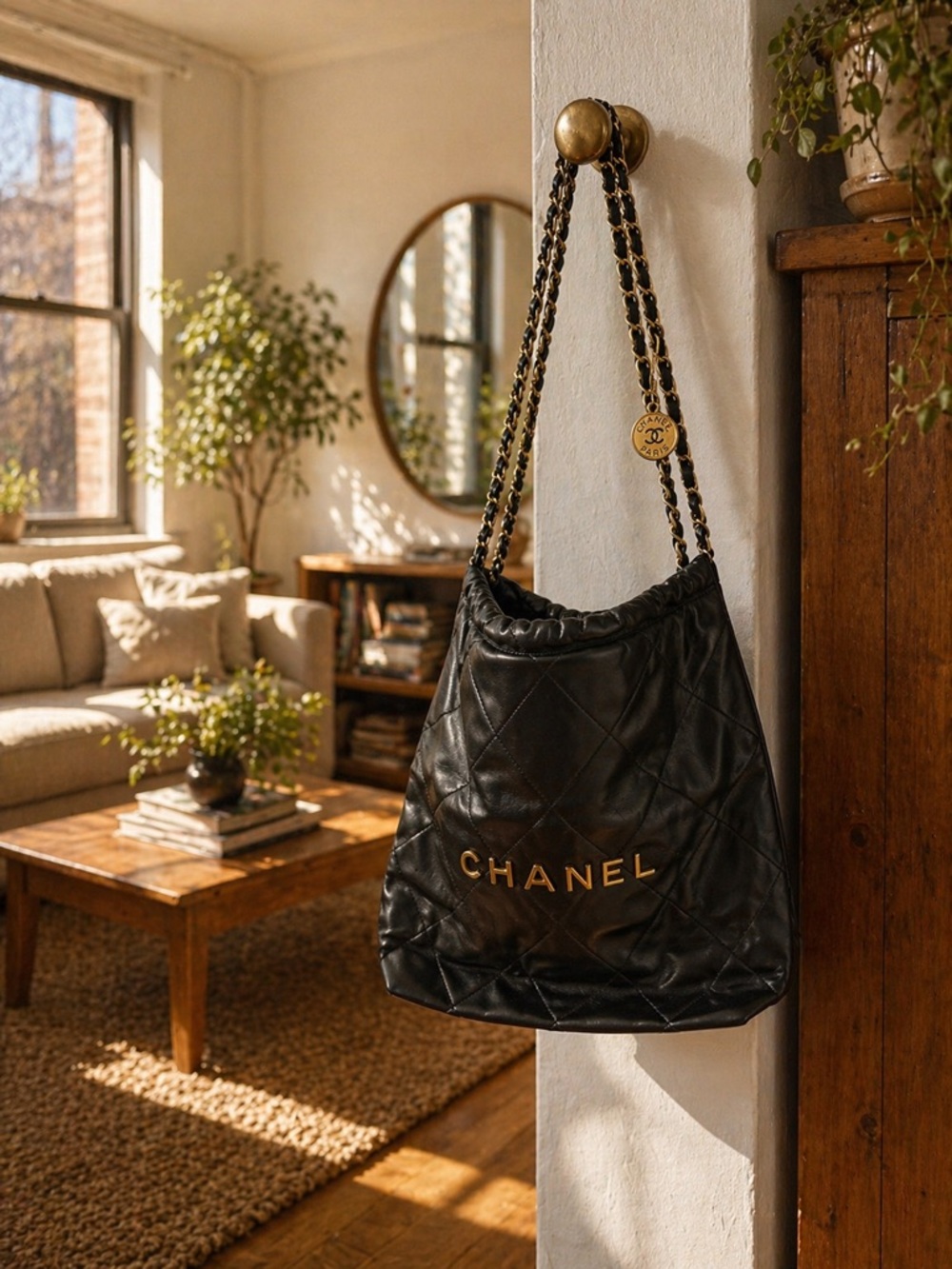 Black Quilted Leather Shoulder Bag w/ Gold Chain & Statement Hardware ✨